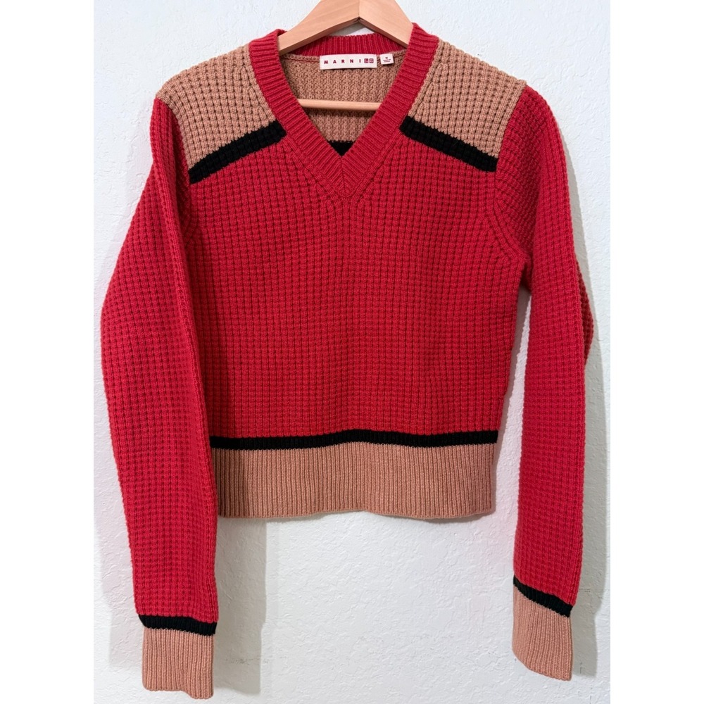 Marni x Uniqlo Wool Blend Colorblock V-Neck Knit Sweater Red Tan Women's Medium